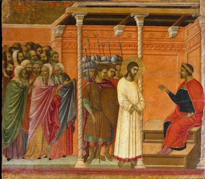 De tweede ondervraging van Christus door Pontius Pilatus - Achterkant van het Maesta altaarstuk door Duccio di Buoninsegna