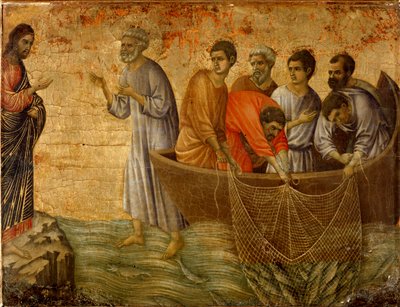 De tweede wonderbaarlijke zonde: de verschijning van Christus aan de apostelen op het Meer van Tiberias door Duccio di Buoninsegna