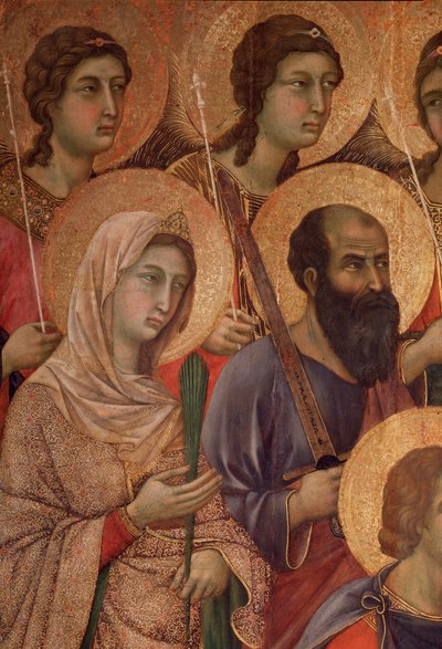 Maagd en kind op de troon, detail met heilige Catharina van Alexandrië en heilige Paulus (detail) door Duccio di Buoninsegna