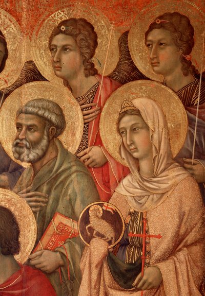 Maagd en kind op de troon, detail met Sint Petrus en Sint Agnes (La Maesta) door Duccio di Buoninsegna