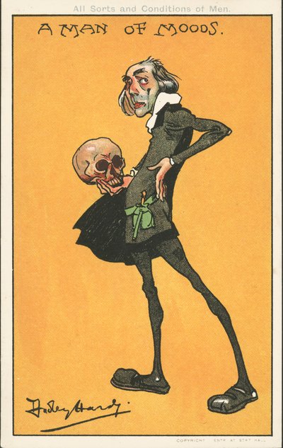 Een man van stemmingen: Shakespeares personage, Hamlet, met de schedel van Yorick (kleur litho) door Dudley Hardy