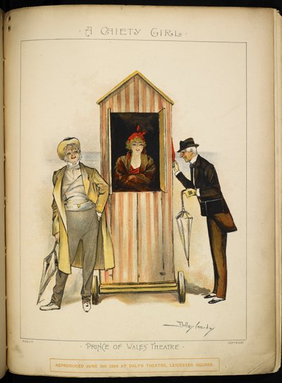 Een meisje in een mobiele omkleedcabine, op het strand aan de Rivièra. Twee mannen, mogelijk de personages, de rechter en de kapelaan wachten buiten. door Dudley Hardy