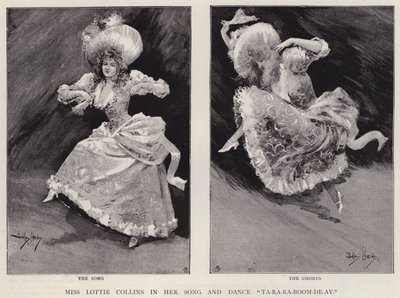 Engelse music hall zangeres en danseres Lottie Collins die haar populaire lied Ta-Ra-Ra-Boom-De-Ay uitvoert door Dudley Hardy