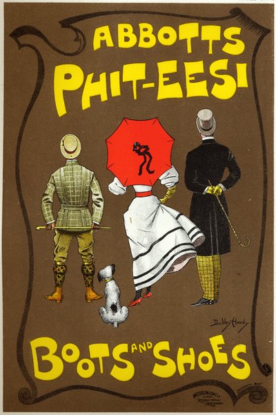 Levensstijl. Mode. Abbots Phit-ees, laarzen- en schoenenwinkel, Londen. Poster door Dudley Hardy, Engeland, ca. 1890 (poster) door Dudley Hardy