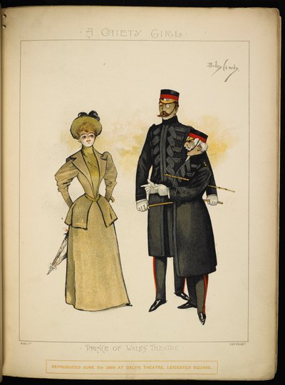 Een van de Gaiety-meisjes en twee officieren van de Life Guards door Dudley Hardy