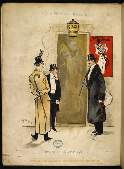 Drie heren wachten buiten de artiesteningang op het verschijnen van Gaiety-meisjes. door Dudley Hardy