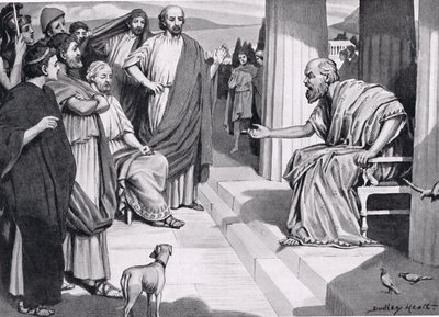 Socrates spreekt de Atheners toe, illustratie uit Hutchinsons Geschiedenis van de Naties, 1915 door Dudley Heath