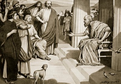 Socrates spreekt de Atheners toe, illustratie uit 