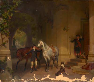 Ruiter met twee paarden voor kasteel door Düsseldorfer Maler um 1850