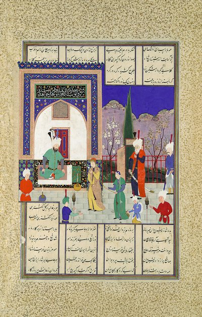 Nushirvan Begroet de Dochter van de Khaqan, Folio 633v uit het Shahnama Boek van..., ca. 1530-35 door Dust Muhammad