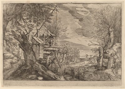 Landschap met Blokhut bij een Rivier door Dutch 17th Century, formerly Jacques de Gheyn II