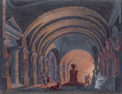 4e Acte van Semiramis door Rossini, gepubliceerd in een boek over toneelontwerp in Amsterdam in 1845 door Dutch School