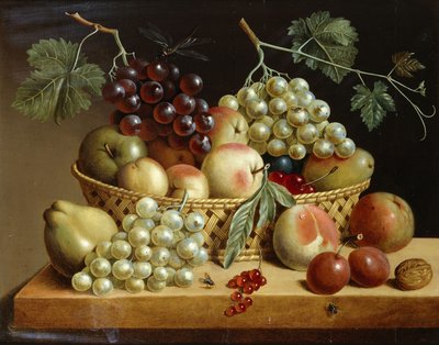 Een Mand met Druiven, Appels, Perziken en ander Fruit op een Richel, 1833 door Dutch School