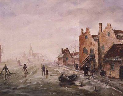 Een winterlandschap met figuren die op de voorgrond schaatsen door Dutch School