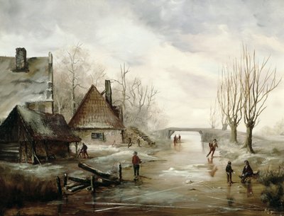 Een winterlandschap met schaatsende figuren op de voorgrond door Dutch School