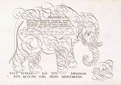 Een kalligrafisch ontwerp van een olifant, 1616-1617 en eind 17e eeuw door Dutch School