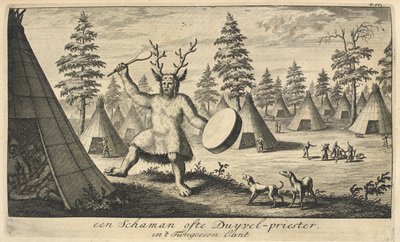 Een sjamaan met een hoofdtooi van rendiergeweien, in een Siberisch dorp, gepubliceerd in Amsterdam door Dutch School