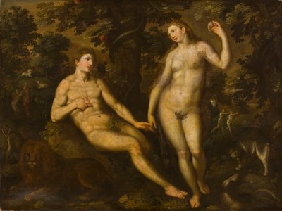 Adam en Eva in de Hof van Eden, c.1590-1610 door Dutch School