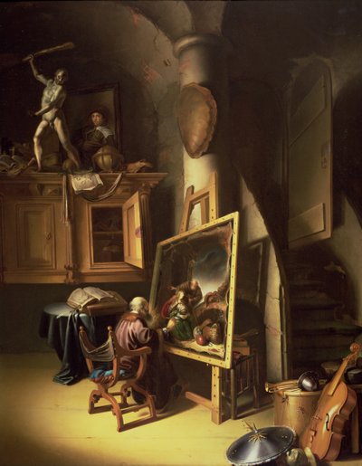 Een Kunstenaar in zijn Atelier, 1635 (paneel) door Dutch School