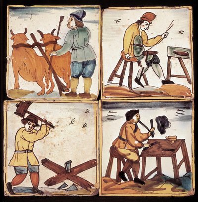 Azulejos-paneel: voorstelling van ambachten, boerenploeg, spaarder, houtklover en een pijper door Dutch School