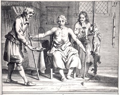 Bloedtransfusie van een hond, uit Armamentarii Chirurgici door Johannes Schultes (1595-1645) gepubliceerd in Amsterdam, 1671 door Dutch School