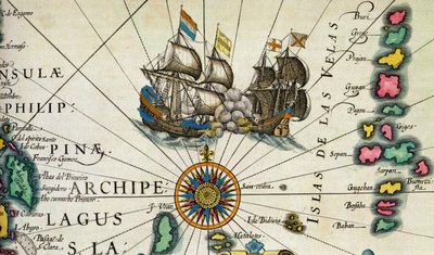 Vechtende schepen, bij de Filipijnen, detail van p.361-2 (Insulae Indiae Orientalis), Mercator