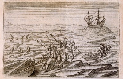 Verzamelen van drijfhout voor de hut waarin de expeditie overwinterde, illustratie uit Diarium Nauticum, seu vera descriptio trium navigationum admirandarum... door Gerrit de Veer, 1598 door Dutch School