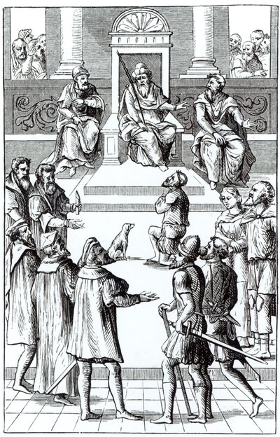 Bekentenis voor herstel voor het tribunaal, naar een houtsnede in Praxis Rerum Criminalium door Joos de Damhouder, gepubliceerd Antwerpen, 1556 door Dutch School