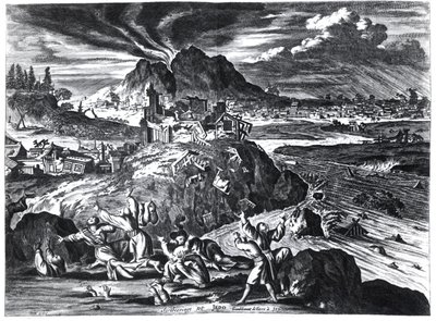 Aardbeving in Edo (Tokio) in 1659, illustratie uit het verslag door Arnold Montanus van ambassades gestuurd door de Nederlandse Oost-Indische Compagnie naar de Keizer van Japan, gepubliceerd in Amsterdam 1669 door Dutch School