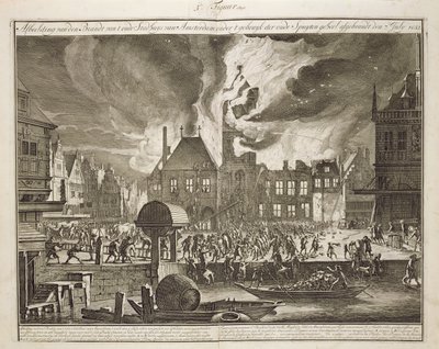 Brand in het oude Amsterdamse stadhuis, 17 juli 1652, uit een boek over Brandbestrijding in Holland, gepubliceerd ca.1700 door Dutch School