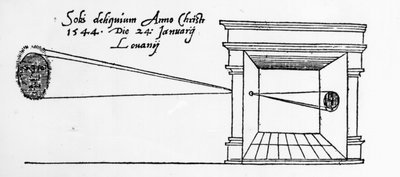Eerste gepubliceerde illustratie van een camera obscura die een zonsverduistering observeert in januari 1544 door Dutch School