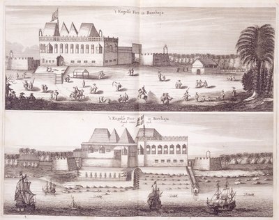 Voor- en waterkantaanzichten van het Engelse fort in Bombay door Dutch School
