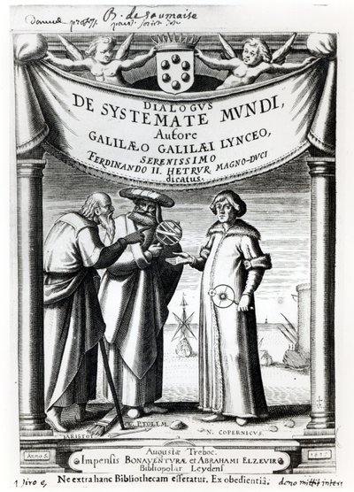 Frontispice van Dialogus De Systemate Mundi door Galileo (1564-1642), gepubliceerd in Leiden 1635 door Dutch School