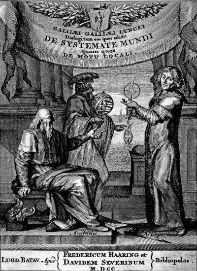 Frontispice van Dialogus De Systemate Mundi door Galileo, editie gepubliceerd in 1641 door Dutch School
