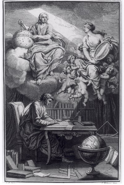 Frontispice van Elemens de la Philosophie de Neuton door Voltaire (1694-1778) gepubliceerd in Amsterdam, 1738 door Dutch School