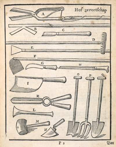 Tuingereedschap, uit De Nederlandse Tuinman door Johann van der Groen, gepubliceerd in 1699 door Dutch School