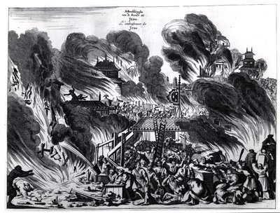 Grote Brand in Yedo (Tokio) in de 17e eeuw, illustratie uit het verslag door Arnold Montanus van ambassades gestuurd door de Nederlandse Oost-Indische Compagnie naar de Keizer van Japan, gepubliceerd in Amsterdam 1680 door Dutch School