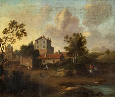 Landschap met Ruïnes en een Ruiter op een Wit Paard door Dutch School