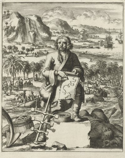 Louis Hennepin landt in Noord-Amerika, uitgegeven 1688 (gravure) door Dutch School