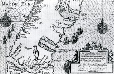 Kaart van de Straat van Magellan, plaat uit Oliver van Noorts beschrijving van zijn reis door Dutch School