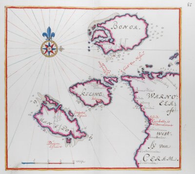 Kaart van een deel van het eiland Ceram (Seram) en Bonoa (Pulau Boano) en Pulau Kelang en Pulau Manipa door Dutch School