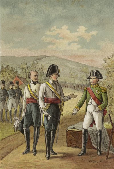Ontmoeting van Napoleon en Keizer Frans II van Oostenrijk na de Slag bij Austerlitz, 1805 door Dutch School