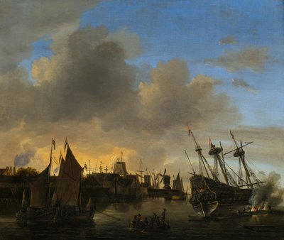 Talrijke schepen in een Nederlandse haven door Dutch School