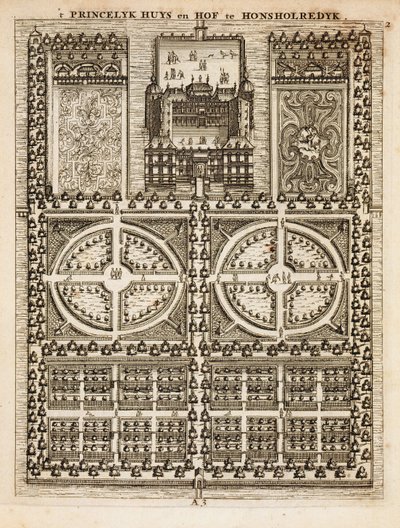 Paleis van Honsholredyk, uit De Nederlandse Tuinman door Johann van der Groen, gepubliceerd 1699 door Dutch School