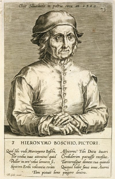 Portret van Hieronymus Bosch (ca.1450-1516) plaat 3 uit een serie portretten van kunstenaars, gegraveerd door Theodor Galle (1571-1633) door Dutch School