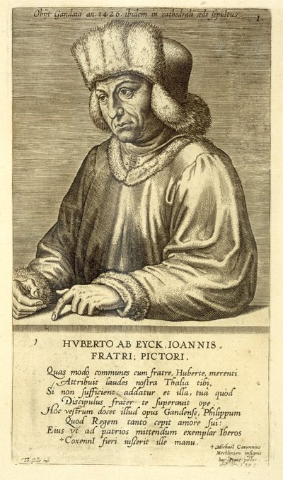 Portret van Hubert van Eyck (1366-1426) plaat 1 uit een serie portretten van kunstenaars, gegraveerd door Theodor Galle (1571-1633) door Dutch School
