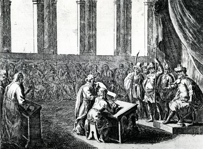 Ptolemaeus Philadelphus, koning van Egypte, roept 72 mannen uit Judea op om de Joodse wet in het Grieks te vertalen, ca. 1700 door Dutch School