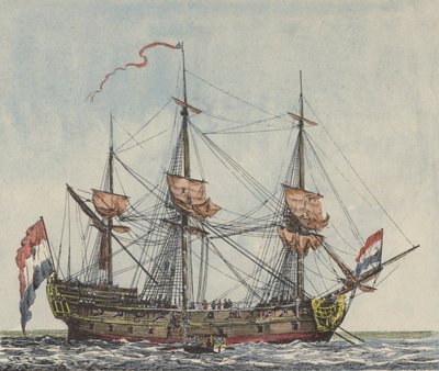 Schip van de Nederlandse Oost-Indische Compagnie (gekleurde gravure) door Dutch School