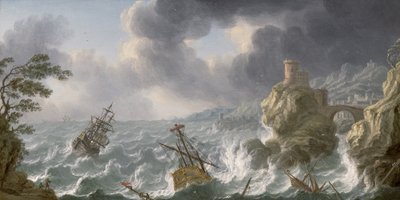 Schipbreuk in een storm voor een rotsachtige kust door Dutch School
