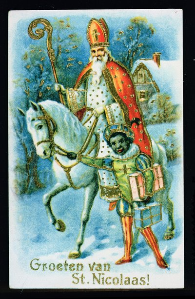 Sinterklaas en een zwarte helper, c.1890, Nederlandse kaart door Dutch School